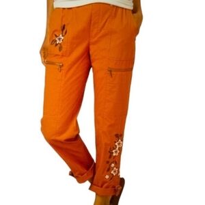 Soft surroundings floral embroidered chino cargo pants terracota rust